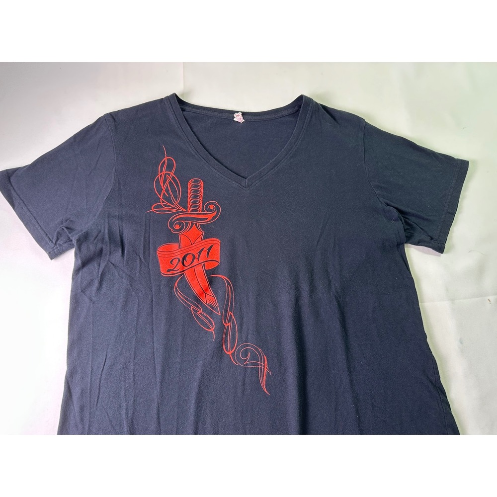 Womens XL Black V Neck T Shirt 2011 Leesburg Bikefest Tattoo Expo Graphic Tee‎